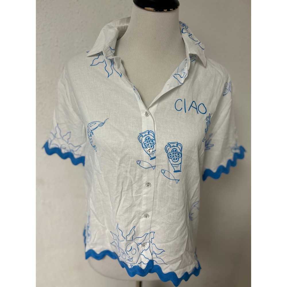 Jane + Delancey Ciao Mediterranean Print Linen Blend Ric-Rac Trim Shirt Small